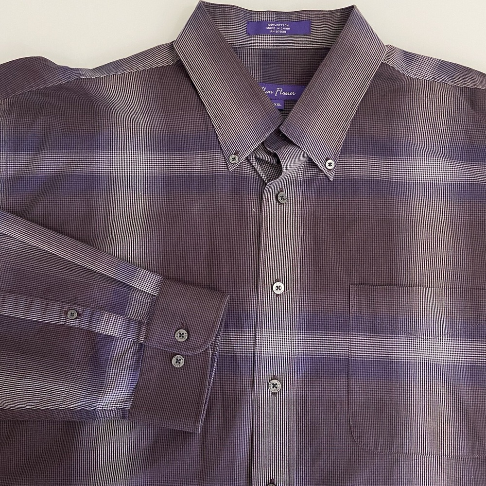 Alan Flusser Mens XXL Purple Plaid Button Down Shirt Cotton Long Sleeve Oxford